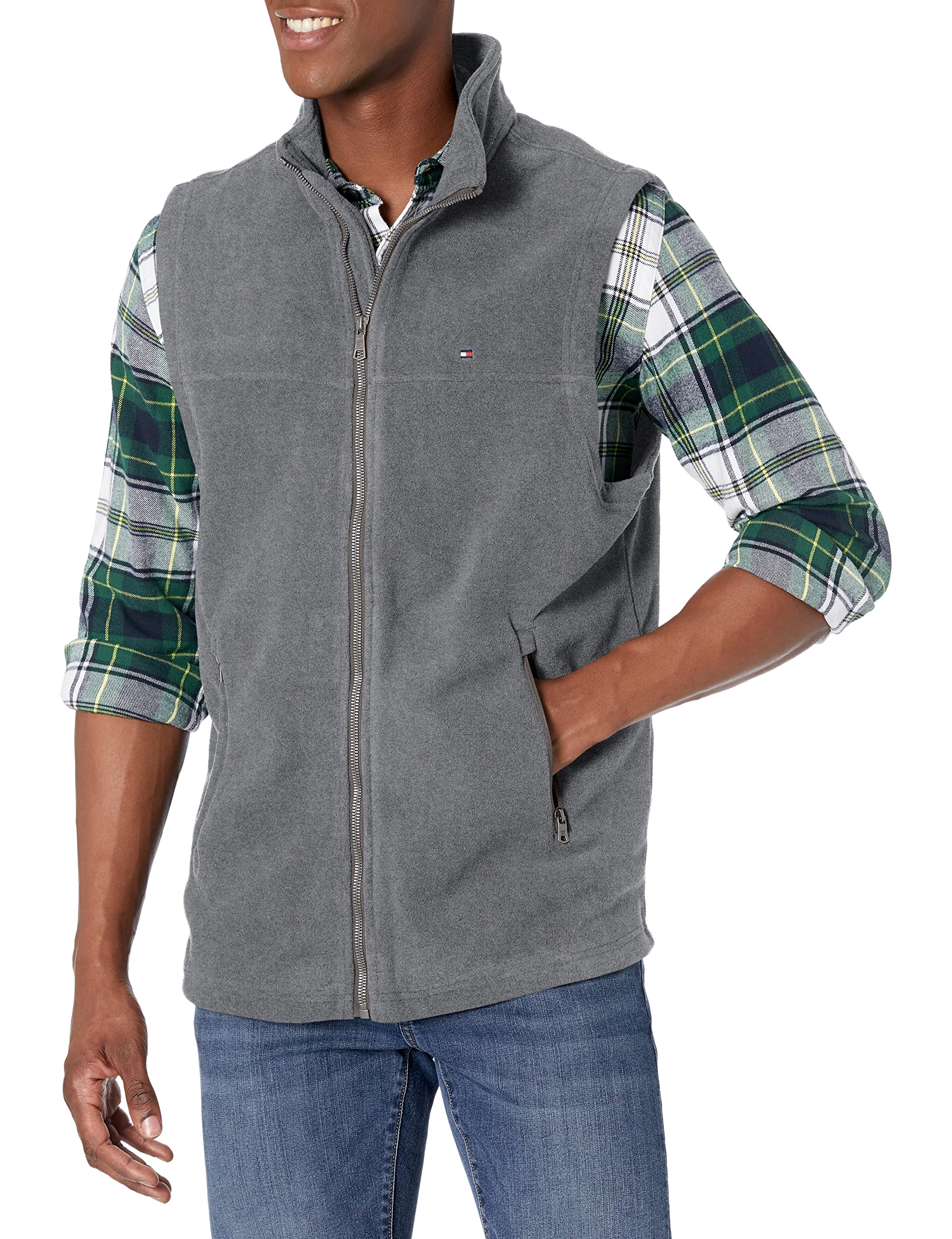 Chaleco Tommy Hilfiger De Forro Polar Para Hombre, Color Gris Claro, Talla Xs - Venta Internacional.