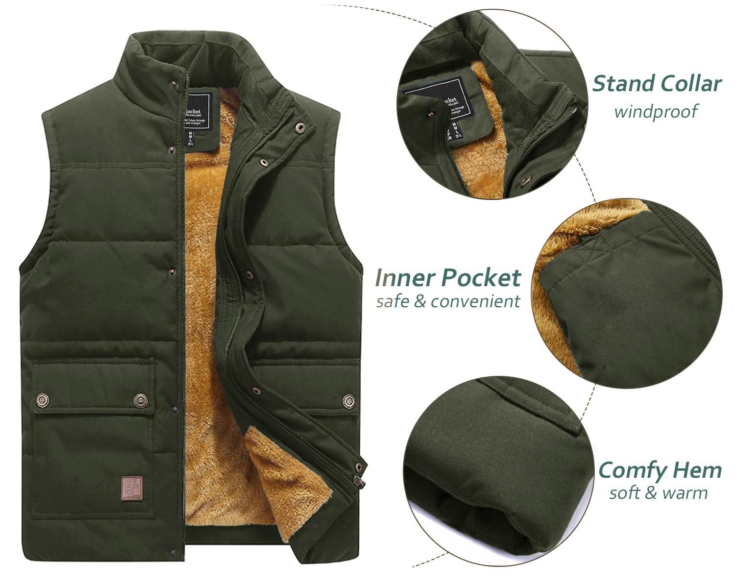 Foto 5 pulgar | Chaleco Tacvasen Para Hombre, Forro Polar Grueso Y Cálido Para Invierno Con Bolsillos, Color Verde S - Venta Interna