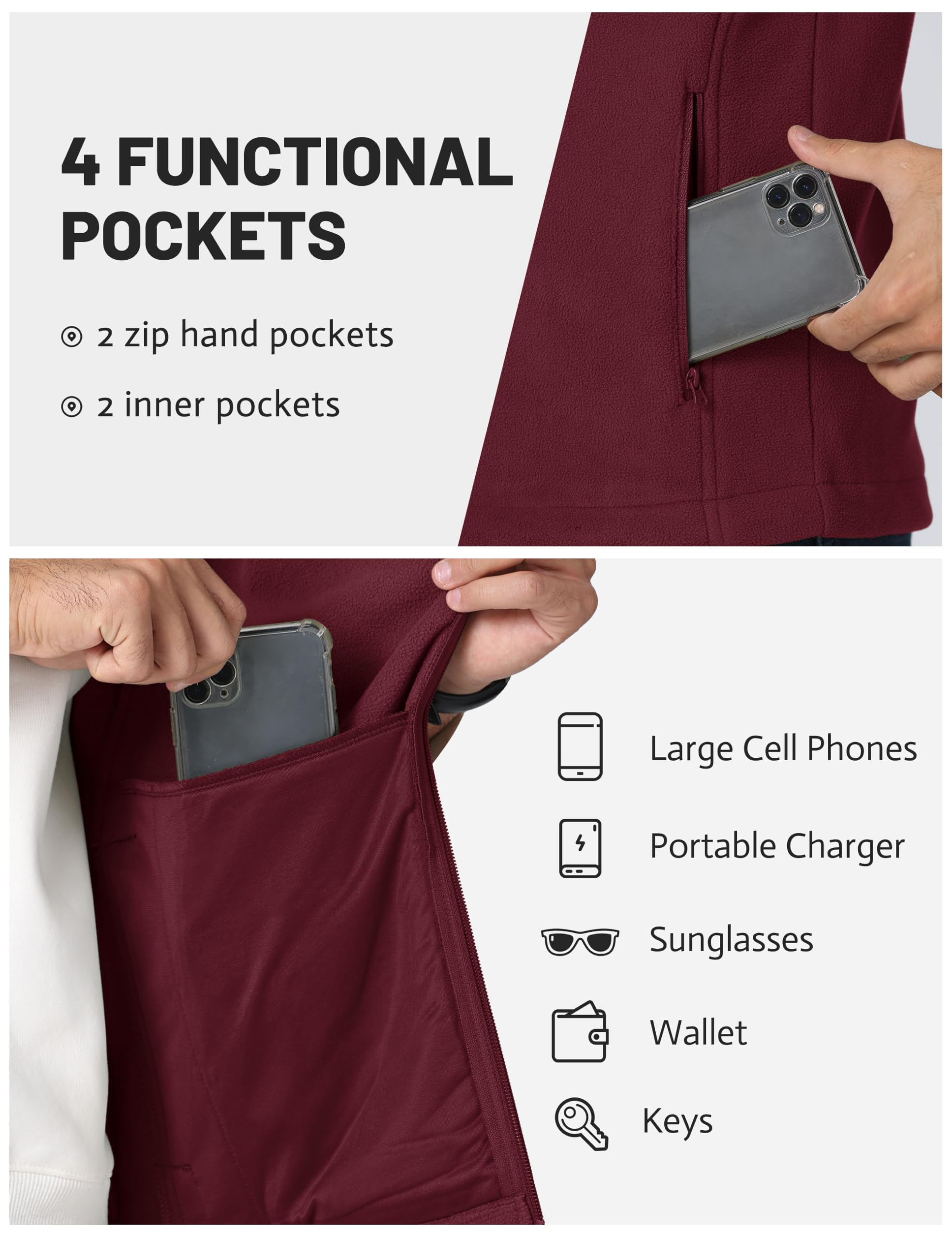 Foto 5 pulgar | Chaleco Tacvasen De Forro Polar Para Hombre, Con Cierre Completo, Ligero, Color Rojo Vino Xl - Venta Internacional.