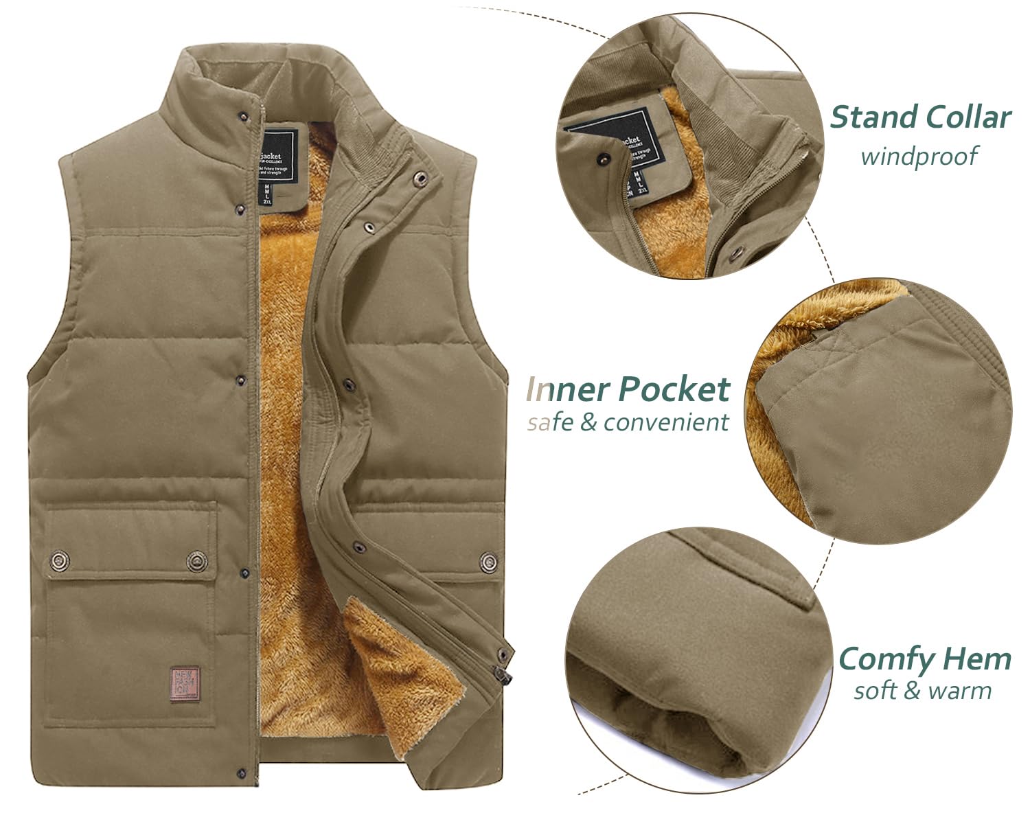 Foto 4 | Chaleco Tacvasen Para Hombre, Casual, Cálido, Forro Polar, Cuello Alto, Color Caqui - Venta Internacional.