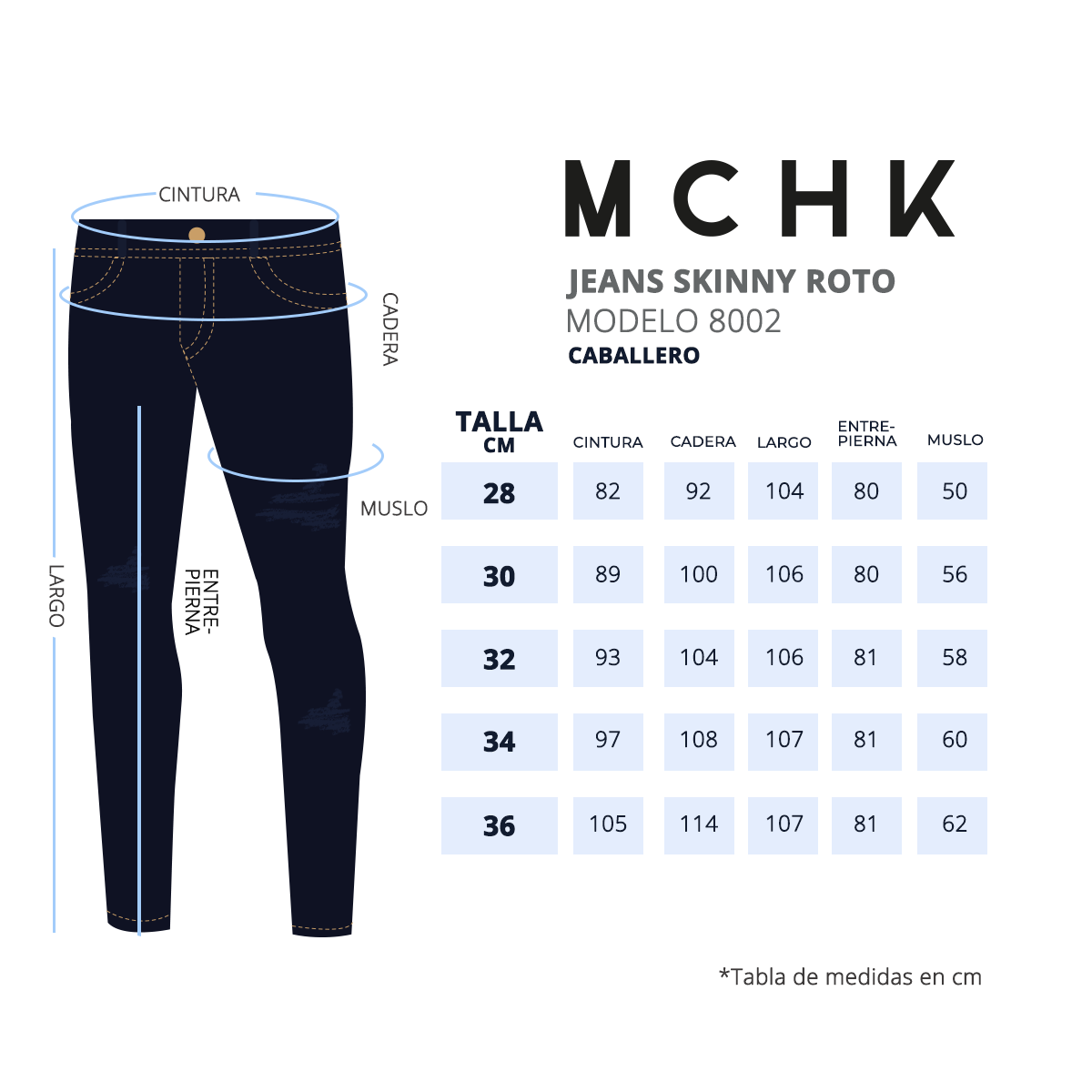 Foto 7 pulgar | Jeans de Mezclilla Skinny MCHK 8002 color Azul Corte Ajustado Roto para Caballero