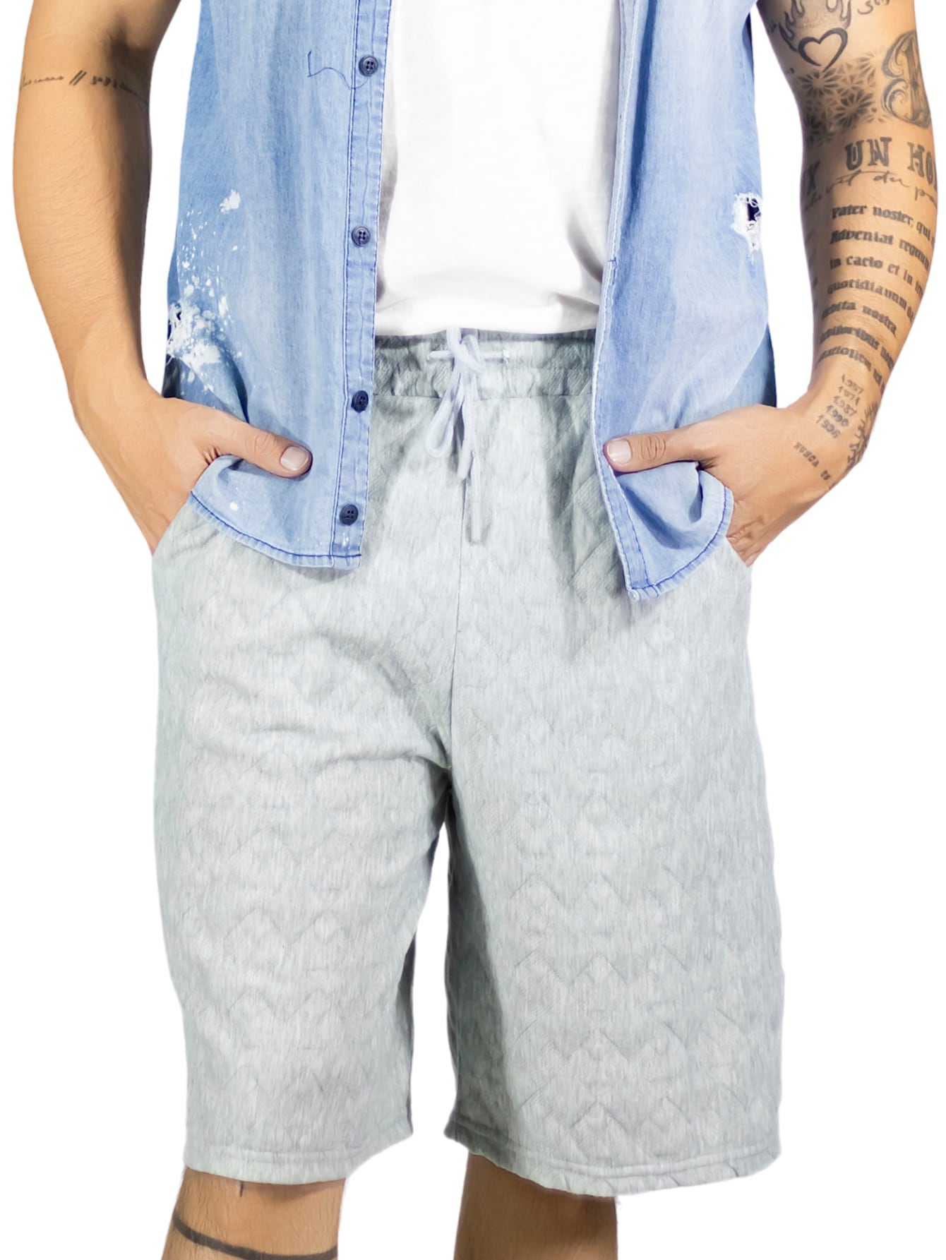 Short Hombre Casual Cintura Ajustable Detalles Texturizados Sh-060 Gris Claro Diseño Moderno $309