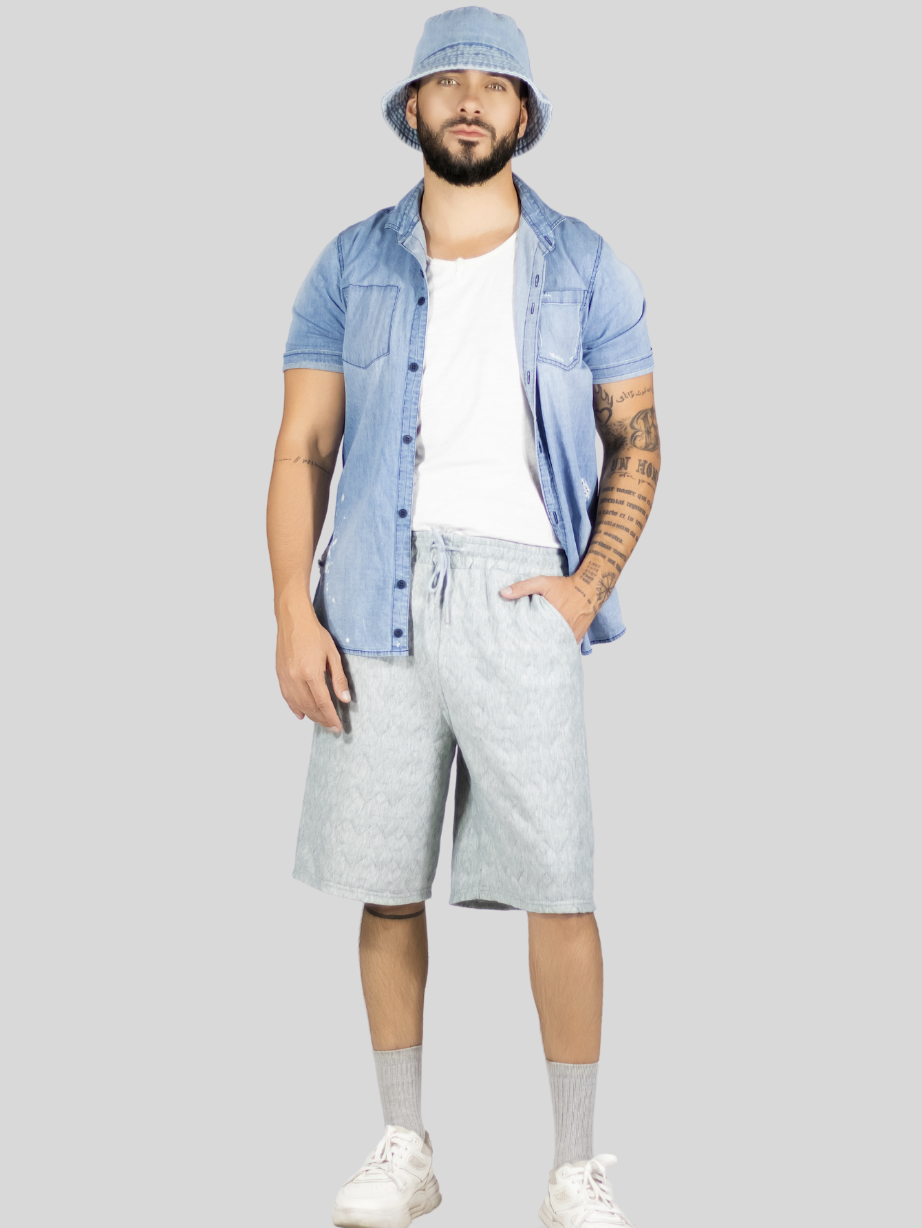 Foto 4 | Short Hombre Casual Cintura Ajustable Detalles Texturizados Sh-060 Gris Claro Diseño Moderno