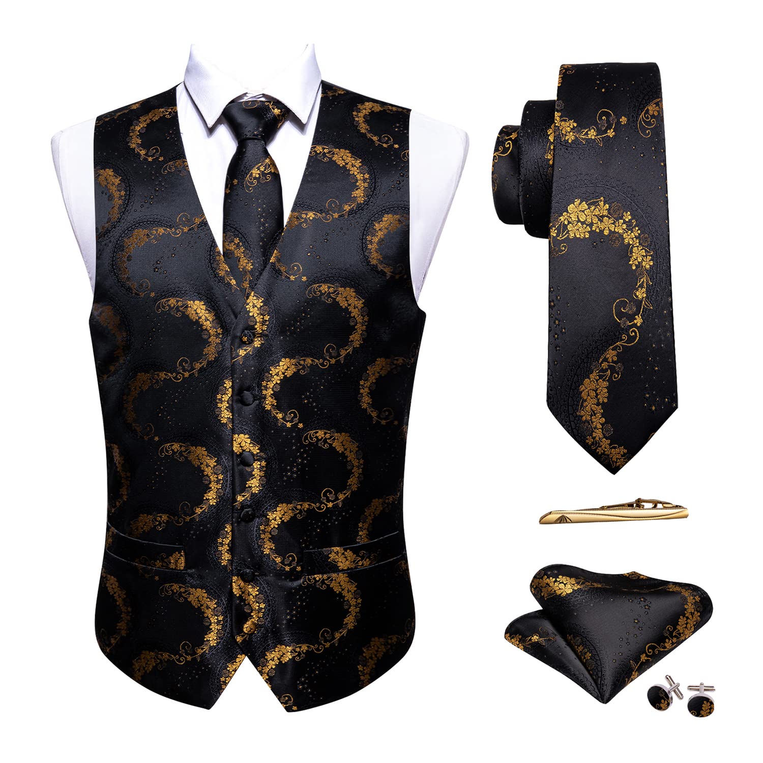 Foto 2 pulgar | Conjunto De Chaleco Barry.wang Para Hombre, Jacquard De Seda Con Flores Doradas - Venta Internacional.