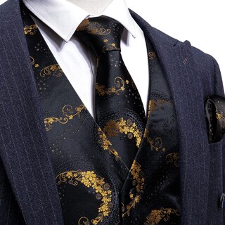 Foto 3 | Conjunto De Chaleco Barry.wang Para Hombre, Jacquard De Seda Con Flores Doradas - Venta Internacional.