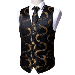 Foto 4 | Conjunto De Chaleco Barry.wang Para Hombre, Jacquard De Seda Con Flores Doradas - Venta Internacional.