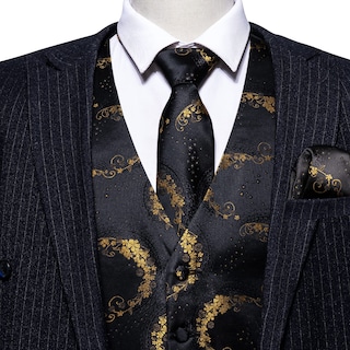 Foto 5 | Conjunto De Chaleco Barry.wang Para Hombre, Jacquard De Seda Con Flores Doradas - Venta Internacional.