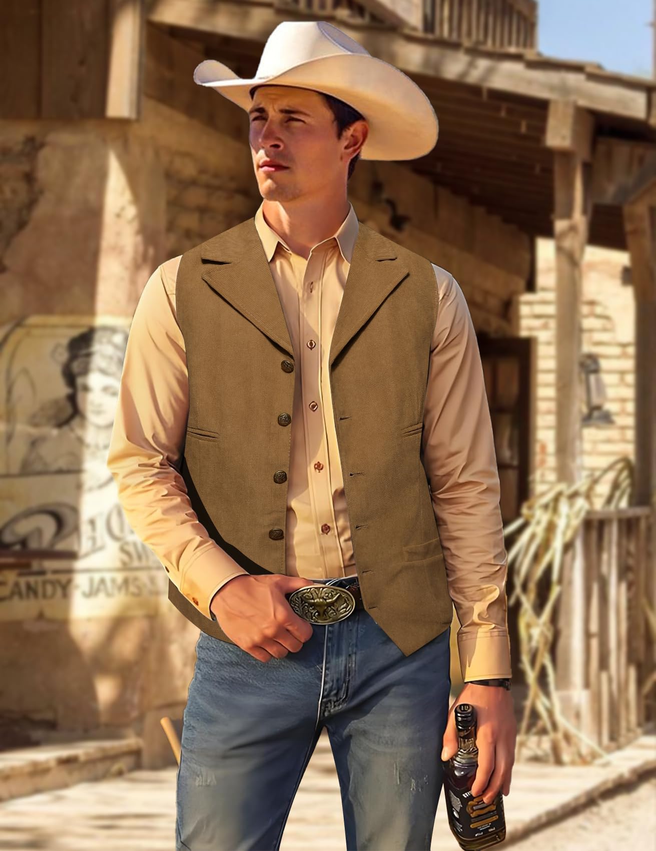 Foto 4 pulgar | Chaleco Barry.wang De Pana Para Hombre, Cuello En V, Estilo Vaquero, Corte Ajustado - Venta Internacional.