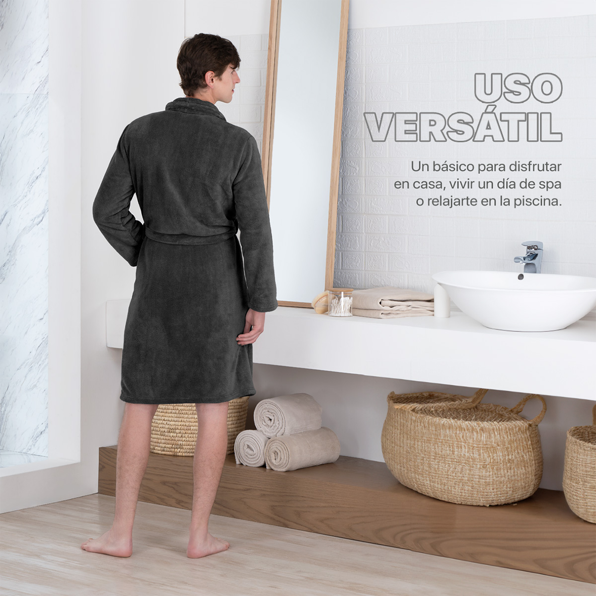 Foto 6 | Bata De Baño Unisex Unitalla Real Textil Gris Oxford Absorbente