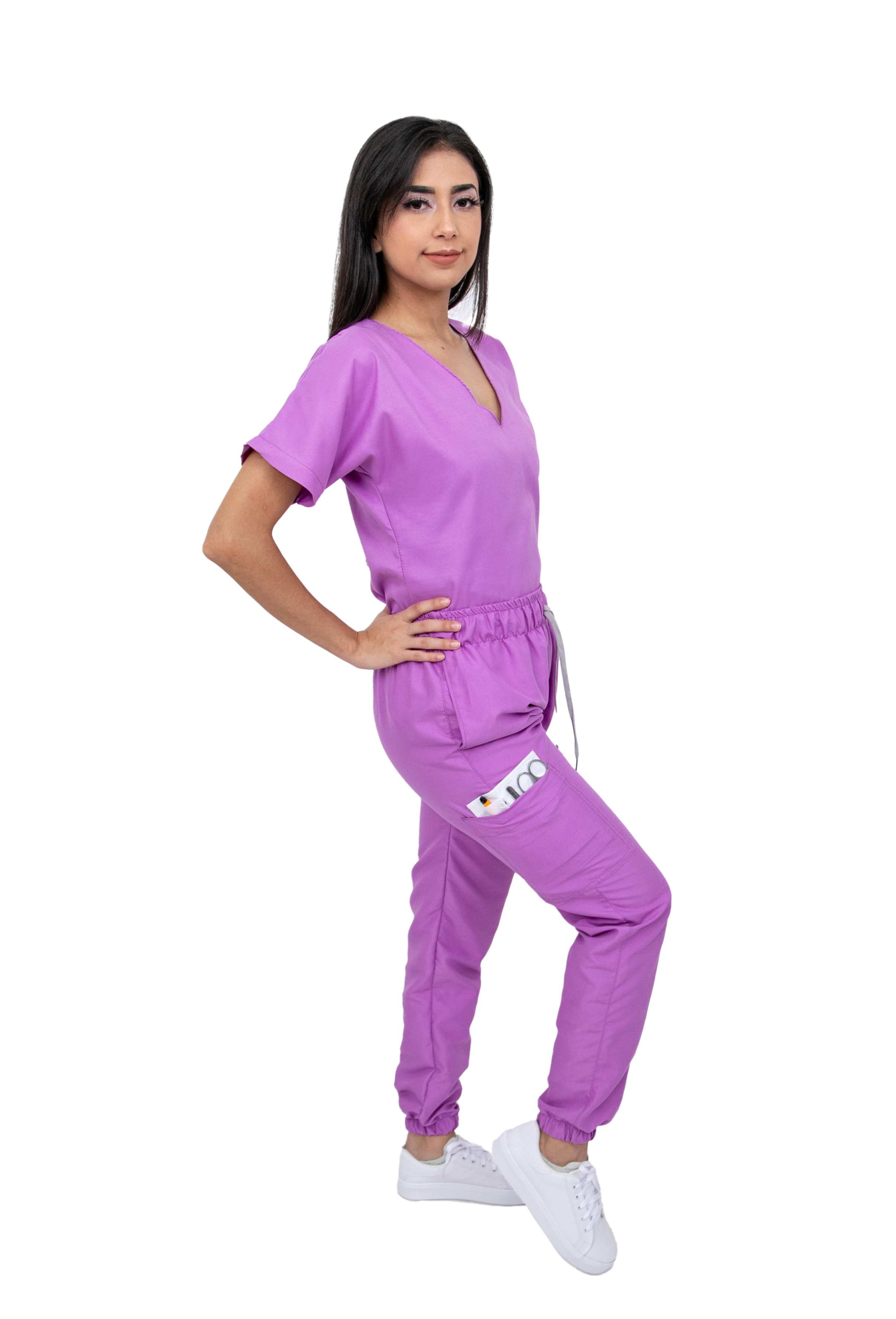 Foto 3 pulgar | Pijama Quirúrgica Para Mujer Antifluido Lila Pantalón Jogger Stretch Scrub Kolorum Modelo V