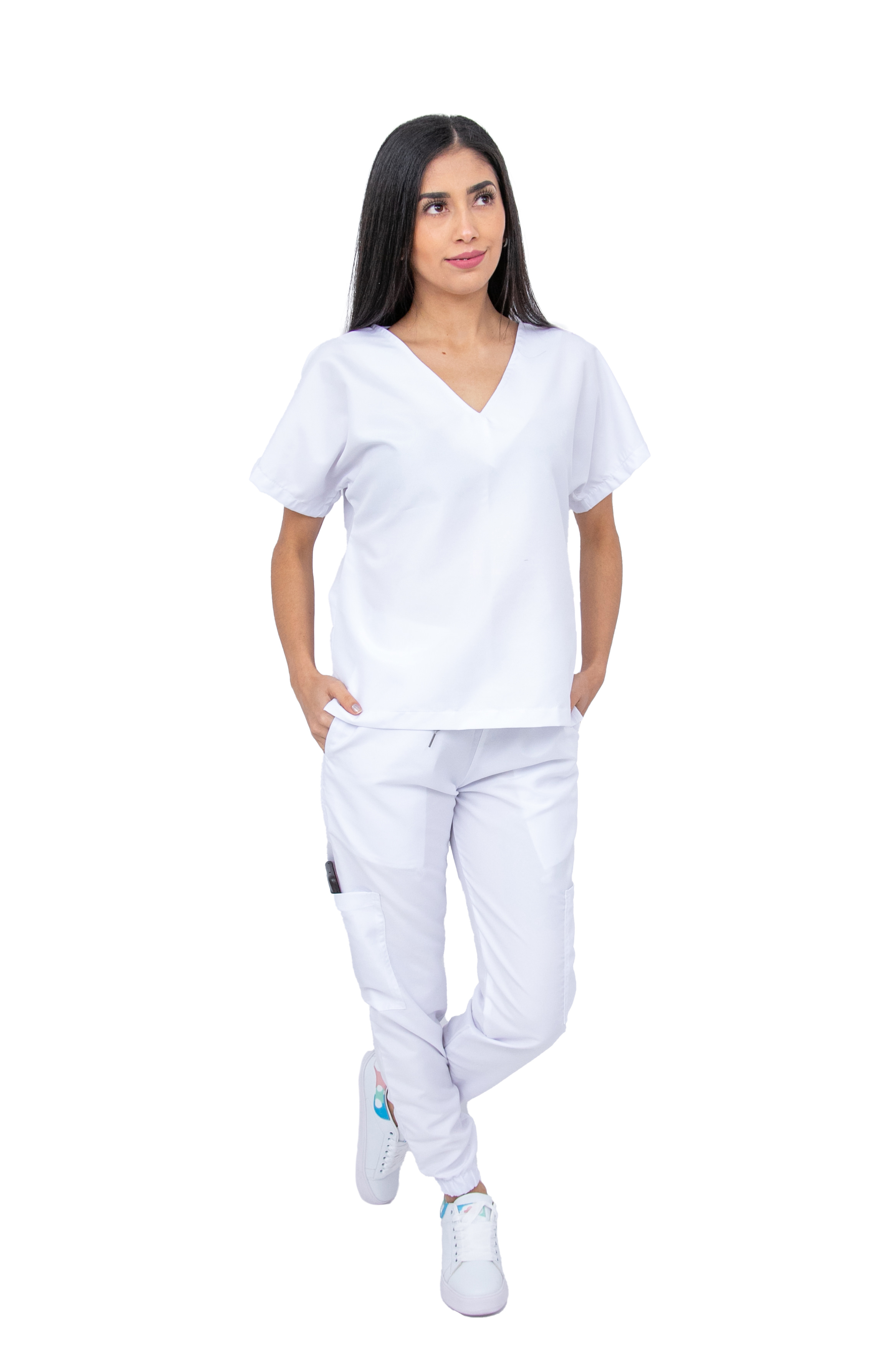 Foto 2 pulgar | Pijama Quirúrgica Para Mujer Antifluido Blanco Pantalón Jogger Stretch Scrub Kolorum Modelo V