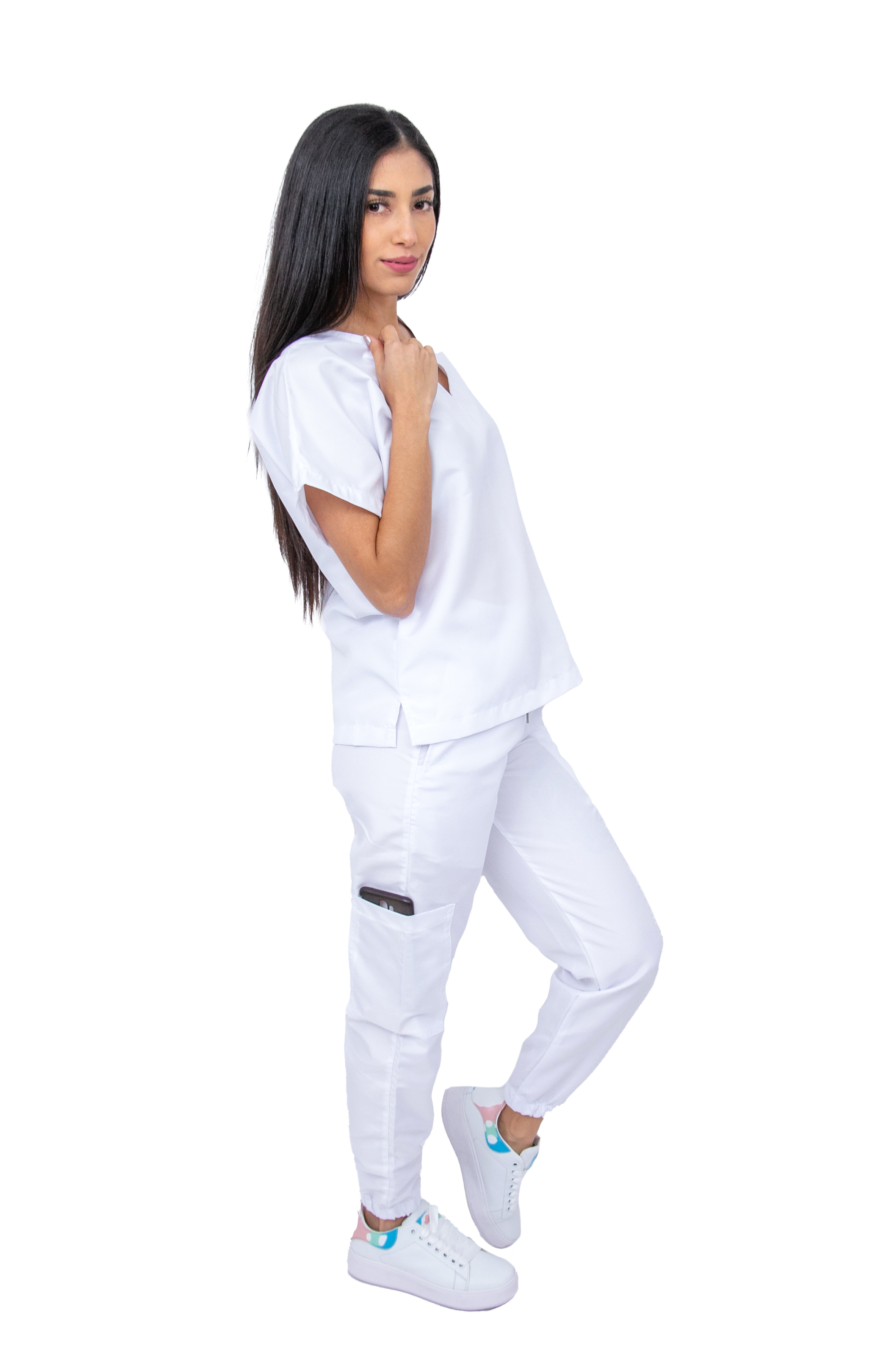 Foto 4 pulgar | Pijama Quirúrgica Para Mujer Antifluido Blanco Pantalón Jogger Stretch Scrub Kolorum Modelo V