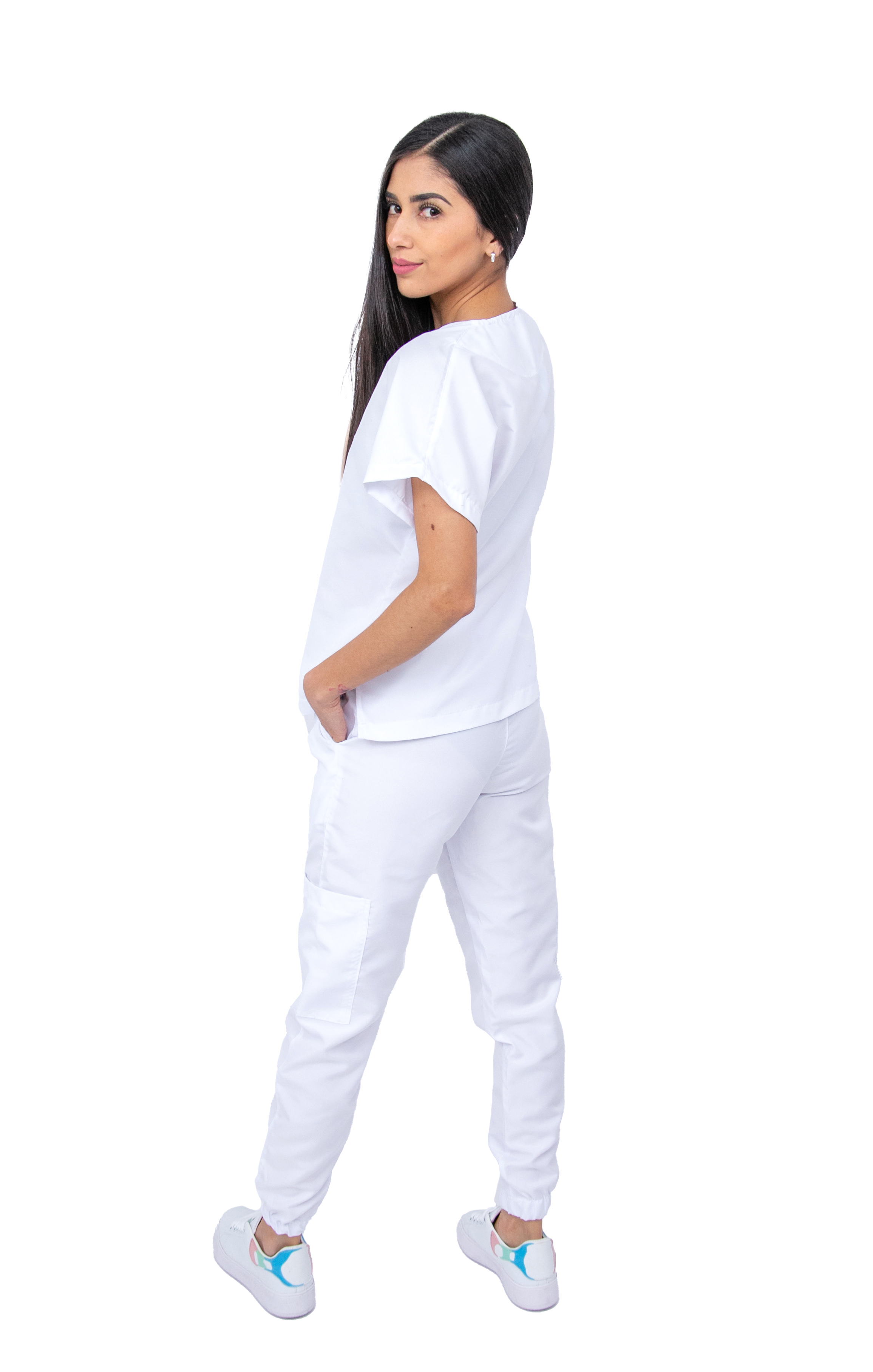 Foto 6 pulgar | Pijama Quirúrgica Para Mujer Antifluido Blanco Pantalón Jogger Stretch Scrub Kolorum Modelo V