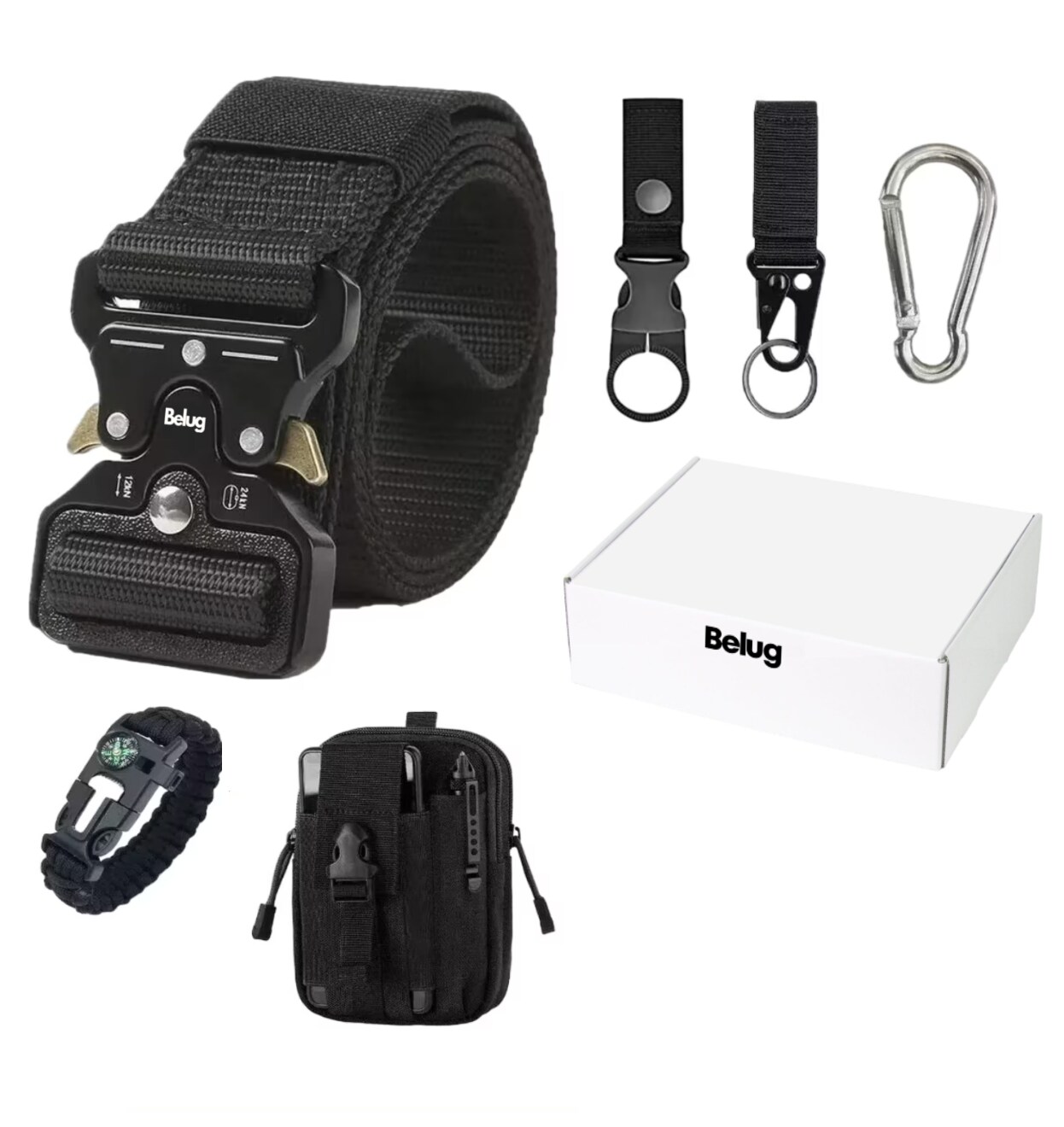 Bolsa Táctica + Cinturón Militar + 3 Ganchos + Pedernal Belug Negro $639