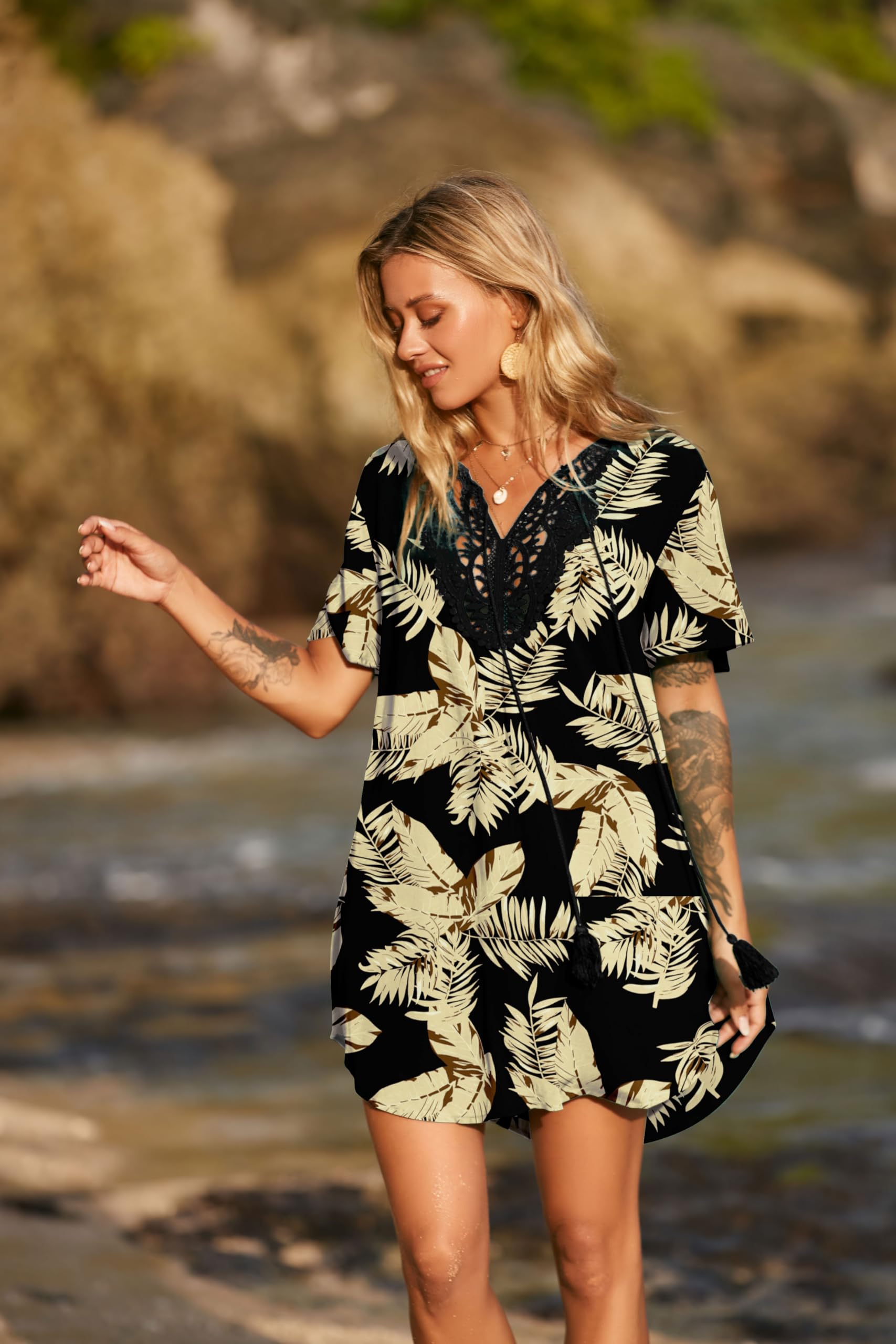 Foto 4 pulgar | Vestido de Playa con Cuello en V y Encaje Ekouaer - Venta Internacional