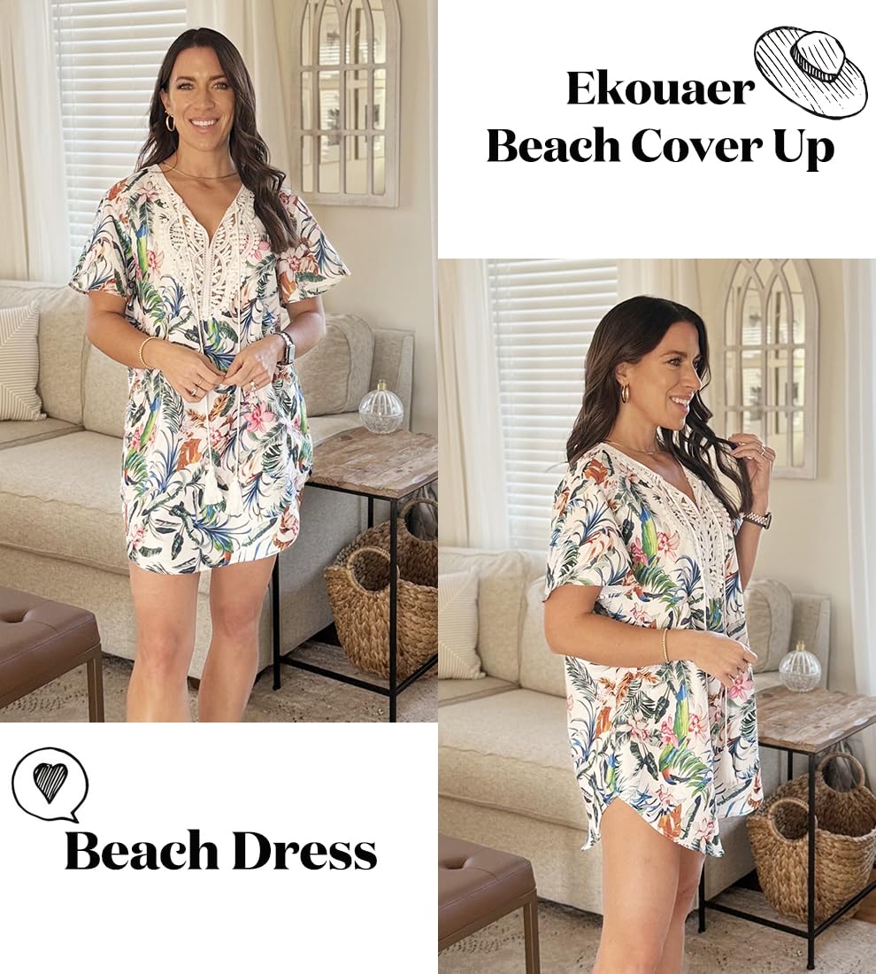 Foto 3 pulgar | Vestido de Playa con Cuello en V y Encaje Ekouaer - Venta Internacional