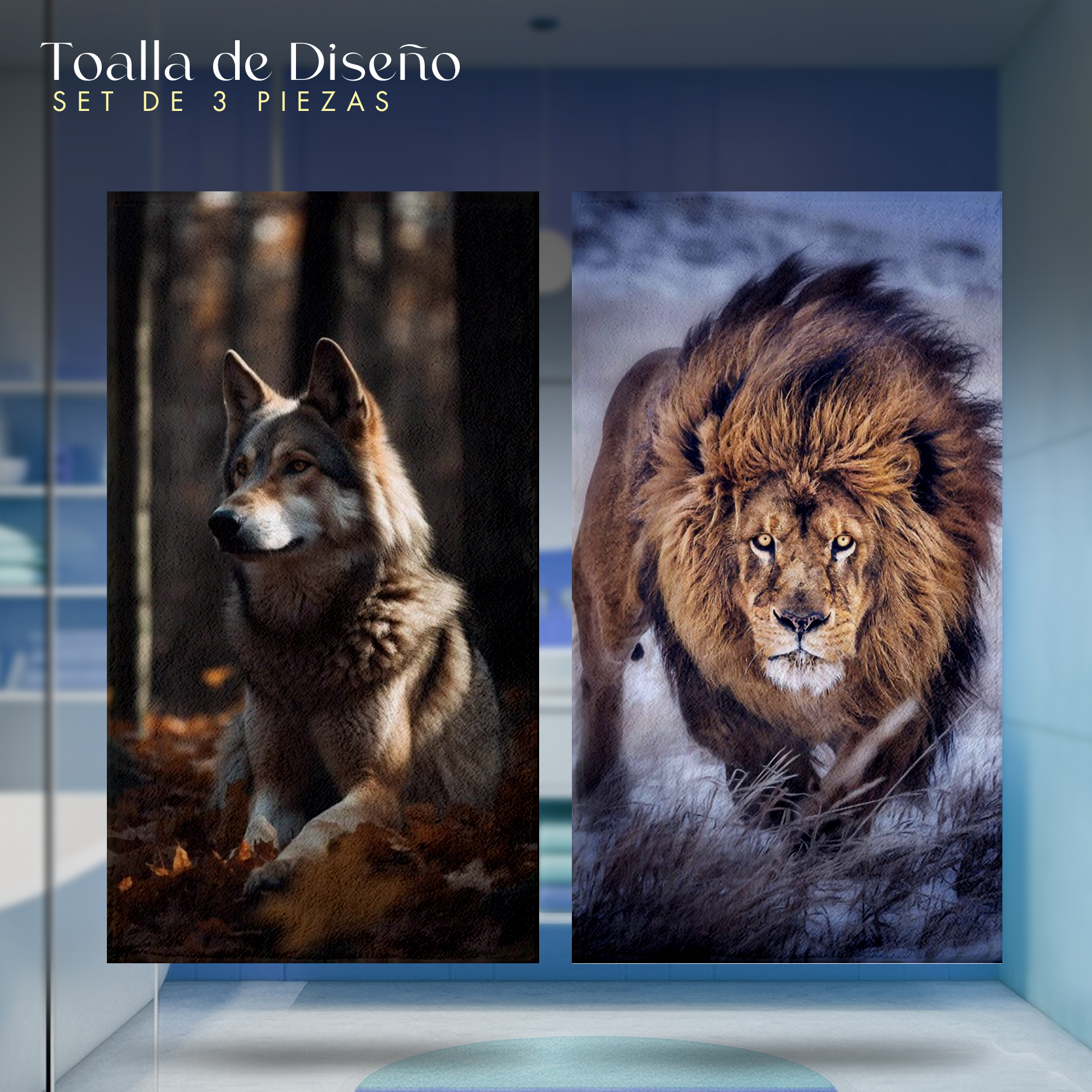 Foto 3 pulgar | Set 3 Toallas De Baño Diseño Animales Lobo Tigre Y Leon Microfibra De Poliester Absorbente Secado Rápido Para Hombr