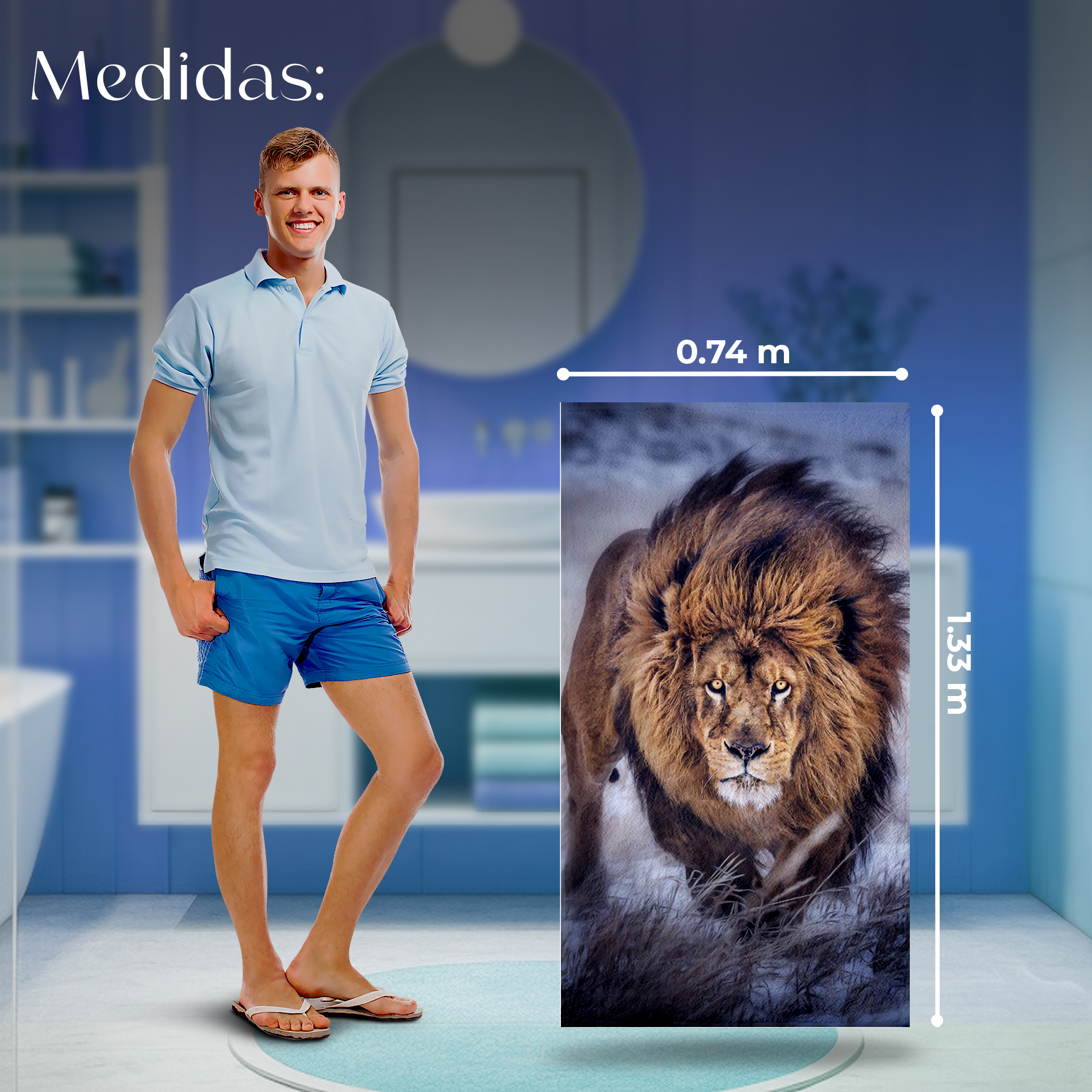 Foto 4 | Set 3 Toallas De Baño Diseño Animales Lobo Tigre Y Leon Microfibra De Poliester Absorbente Secado Rápido Para Hombr