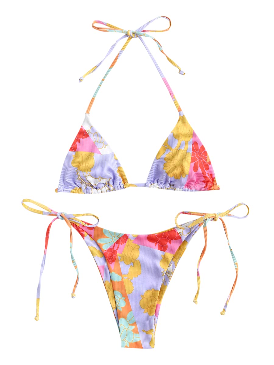 Foto 2 pulgar | Bikini Zaful Triangle Halter De 2 Piezas Para Mujer, Morado Y Floral - Venta Internacional.