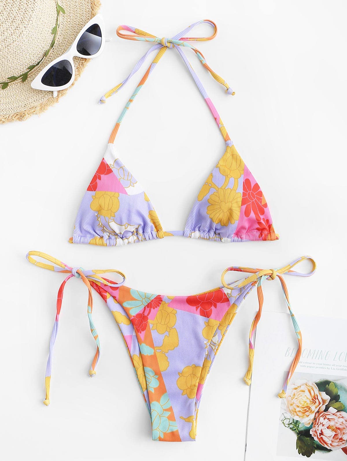 Foto 5 pulgar | Bikini Zaful Triangle Halter De 2 Piezas Para Mujer, Morado Y Floral - Venta Internacional.