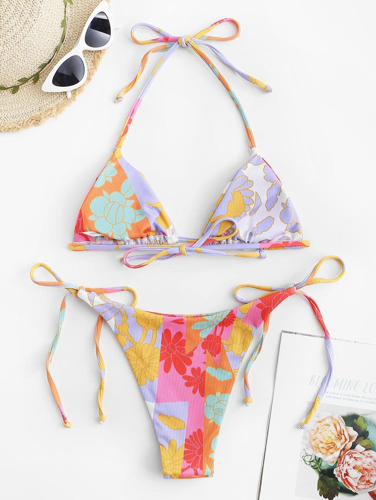 Foto 6 pulgar | Bikini Zaful Triangle Halter De 2 Piezas Para Mujer, Morado Y Floral - Venta Internacional.