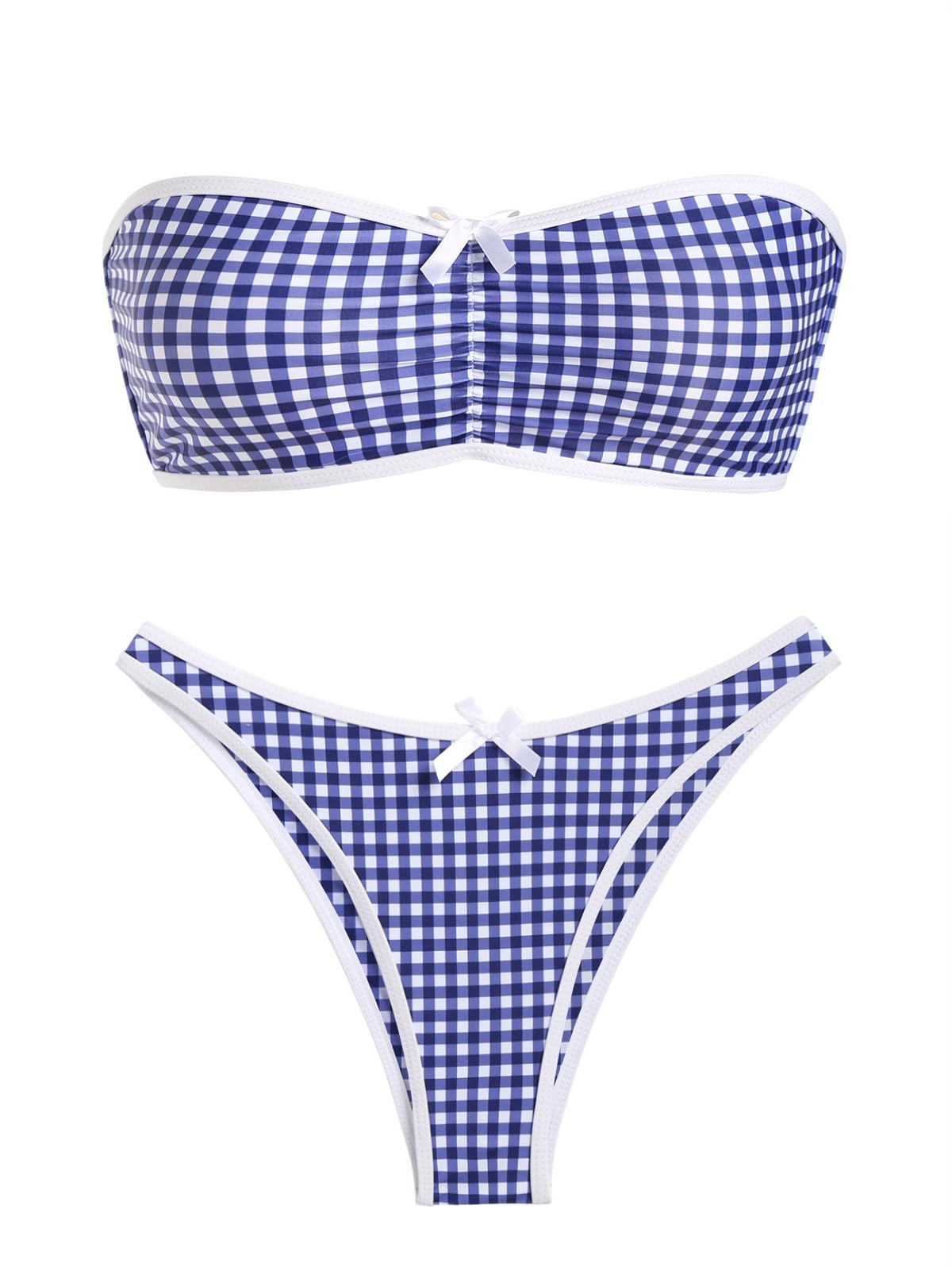 Foto 2 pulgar | Bikini Zaful Para Mujer, Sin Tirantes, Con Lazo A Cuadros Vichy, Fruncido, Azul - Venta Internacional.