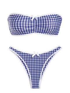 Foto 1 | Bikini Zaful Para Mujer, Sin Tirantes, Con Lazo A Cuadros Vichy, Fruncido, Azul - Venta Internacional.