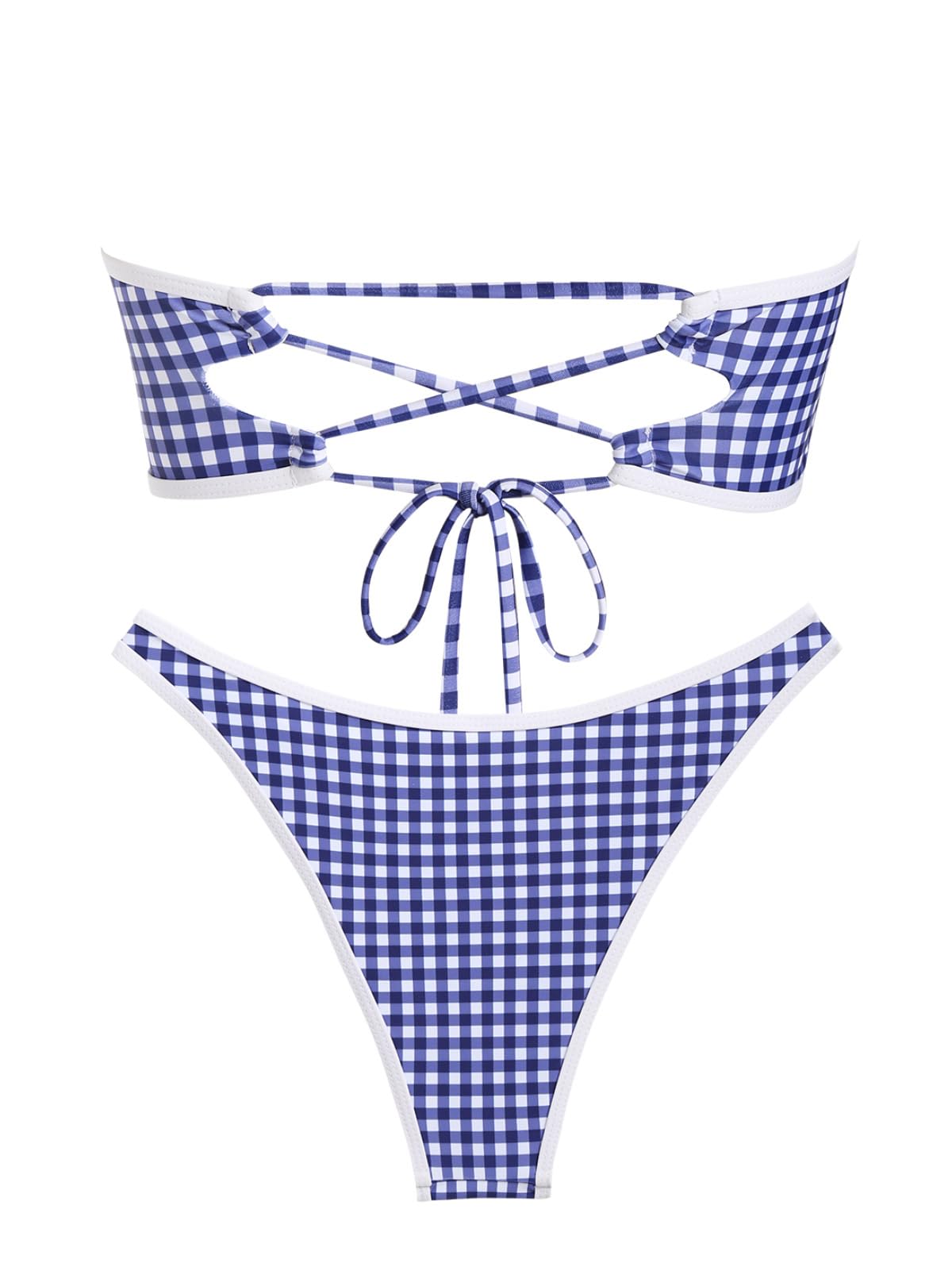 Foto 3 pulgar | Bikini Zaful Para Mujer, Sin Tirantes, Con Lazo A Cuadros Vichy, Fruncido, Azul - Venta Internacional.