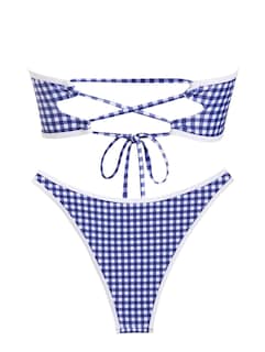 Foto 2 | Bikini Zaful Para Mujer, Sin Tirantes, Con Lazo A Cuadros Vichy, Fruncido, Azul - Venta Internacional.