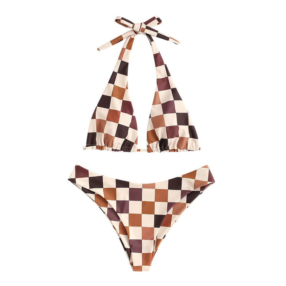 Foto 2 pulgar | Bikini Zaful Triangle, Traje De Baño Halter De 2 Piezas, A Cuadros Café - Venta Internacional.