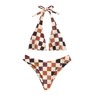 Foto 1 | Bikini Zaful Triangle, Traje De Baño Halter De 2 Piezas, A Cuadros Café - Venta Internacional.