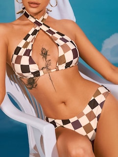 Foto 3 | Bikini Zaful Triangle, Traje De Baño Halter De 2 Piezas, A Cuadros Café - Venta Internacional.