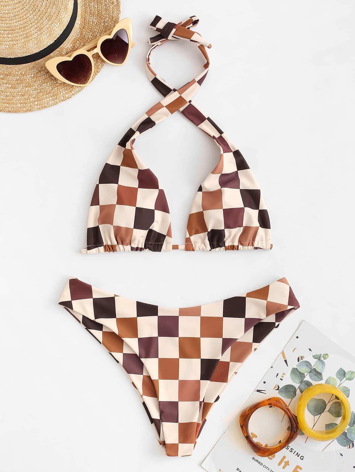 Foto 5 pulgar | Bikini Zaful Triangle, Traje De Baño Halter De 2 Piezas, A Cuadros Café - Venta Internacional.