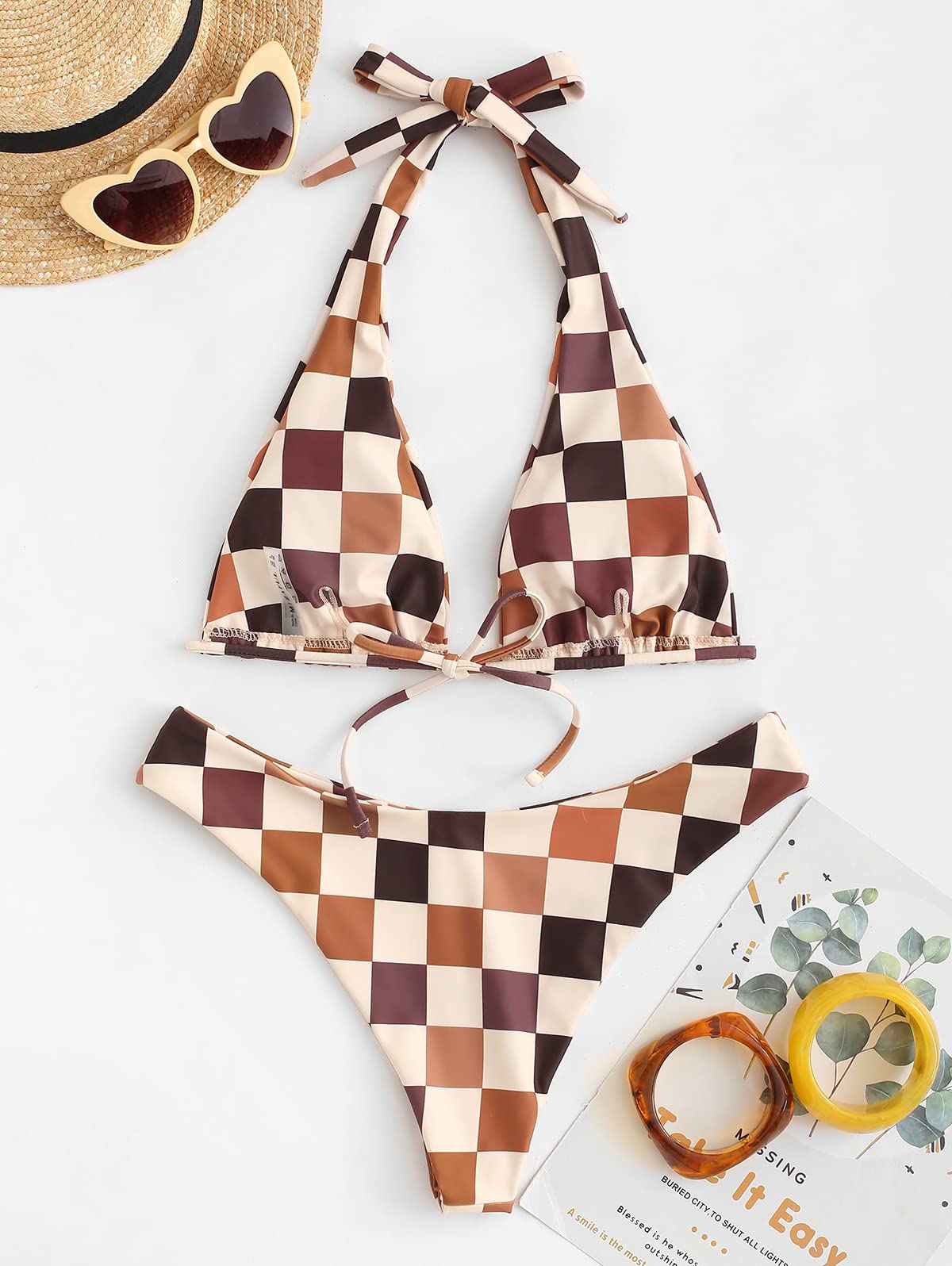 Foto 6 pulgar | Bikini Zaful Triangle, Traje De Baño Halter De 2 Piezas, A Cuadros Café - Venta Internacional.