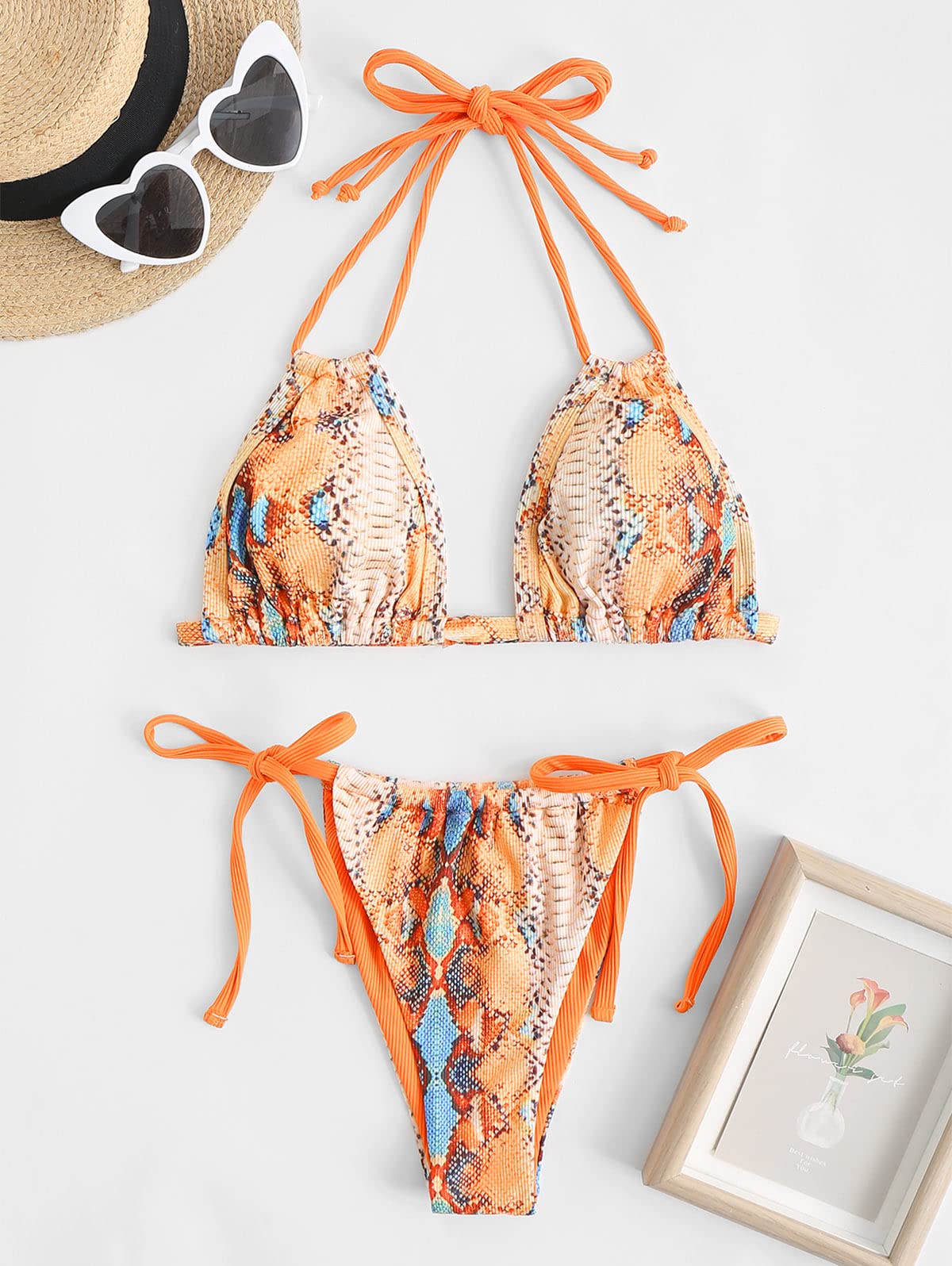Foto 6 pulgar | Bikini Zaful Triangle Halter De 2 Piezas Para Mujer, Piel De Serpiente, Color Naranja - Venta Internacional.
