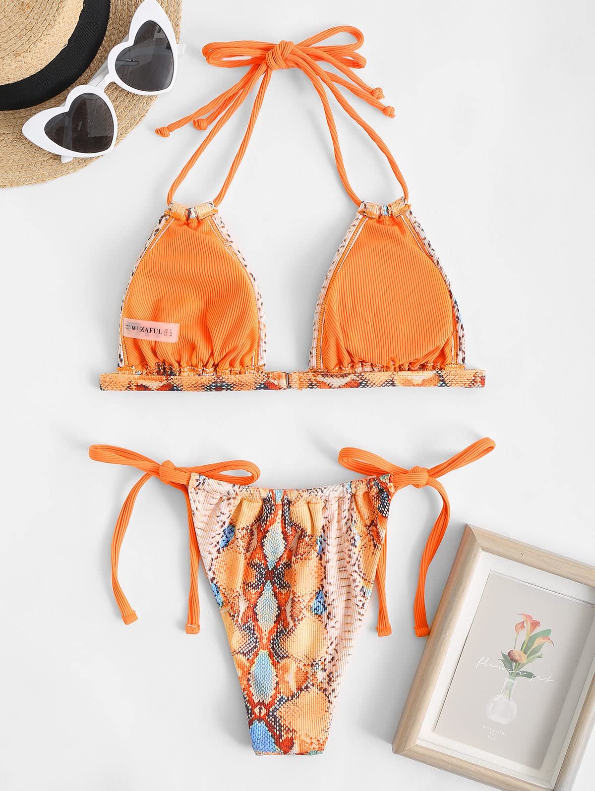 Foto 7 pulgar | Bikini Zaful Triangle Halter De 2 Piezas Para Mujer, Piel De Serpiente, Color Naranja - Venta Internacional.