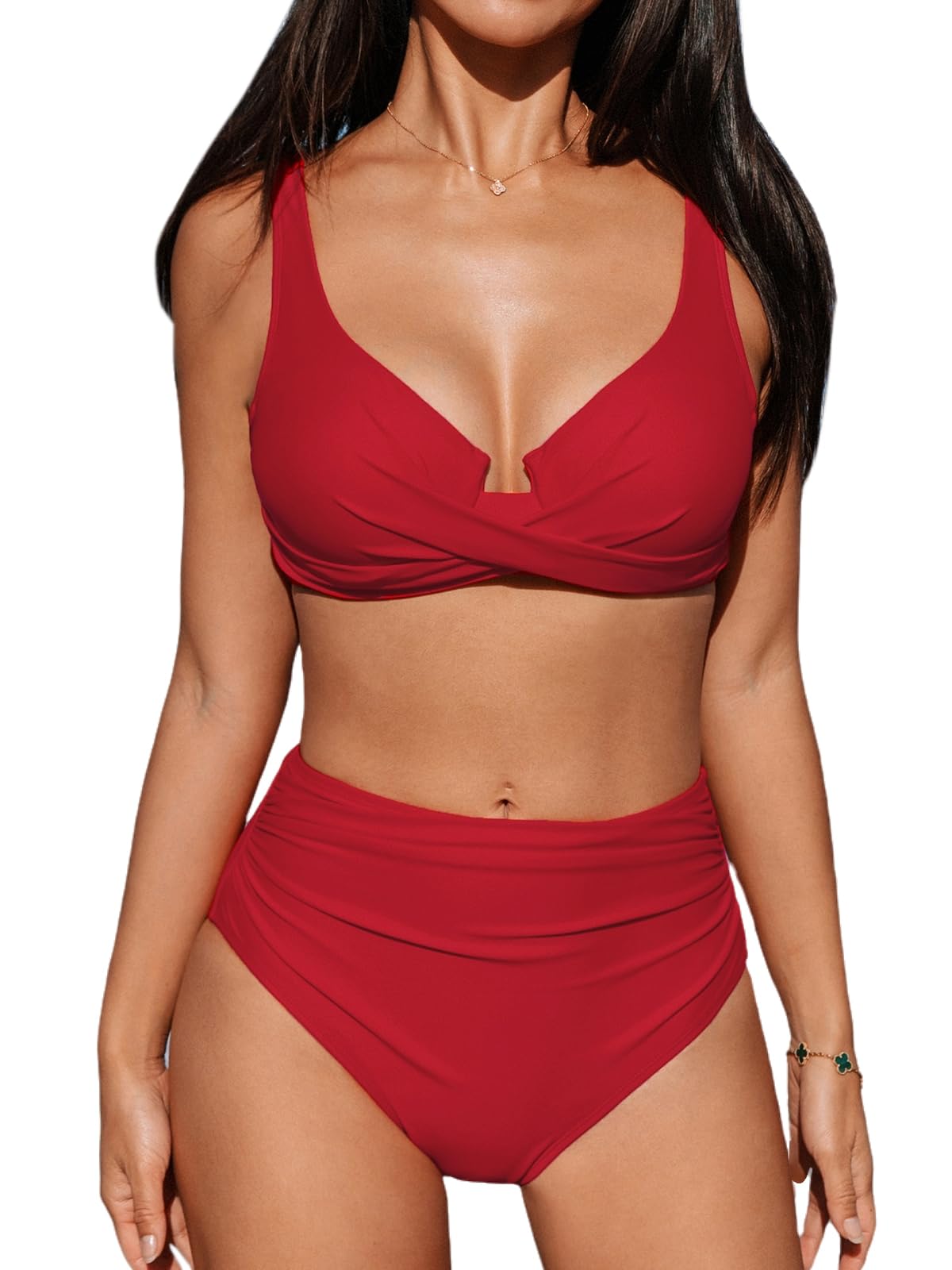 Foto 2 pulgar | Conjunto De Bikini Cupshe, Traje De Baño De Cintura Alta Con Aros, Rojo Fruncido - Venta Internacional.