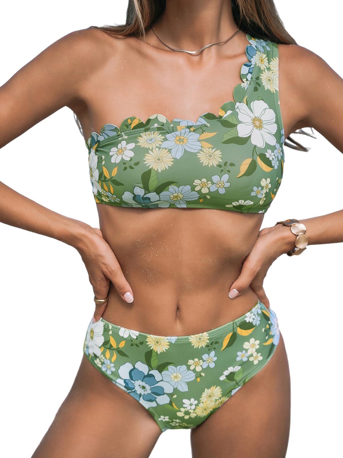 Foto 2 pulgar | Conjunto De Bikini Cupshe Para Mujer Con Un Solo Hombro, Talle Medio, Festoneado - Venta Internacional.