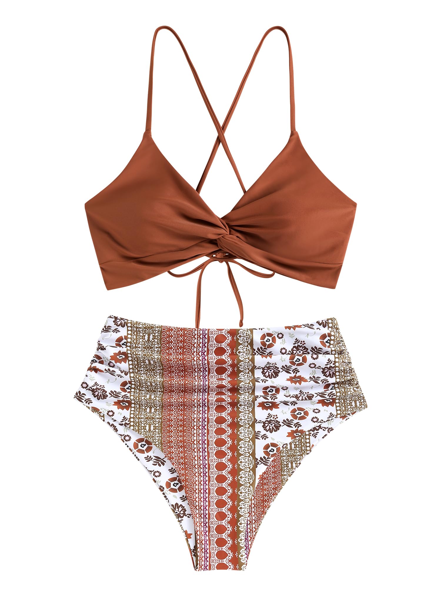 Foto 3 pulgar | Bikini Zaful Twist De Cintura Alta Para Mujer Orange Tribal S - Venta Internacional.