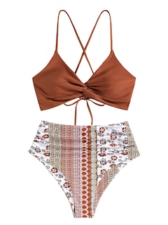 Foto 2 | Bikini Zaful Twist De Cintura Alta Para Mujer Orange Tribal S - Venta Internacional.