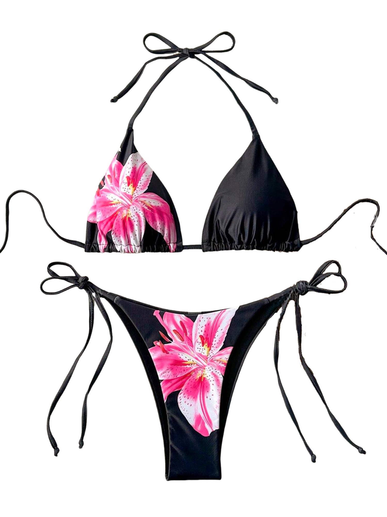 Foto 2 pulgar | Bikini Zaful Triangle Para Mujer Halter De 2 Piezas Con Flores Negras - Venta Internacional.