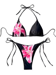 Foto 1 | Bikini Zaful Triangle Para Mujer Halter De 2 Piezas Con Flores Negras - Venta Internacional.