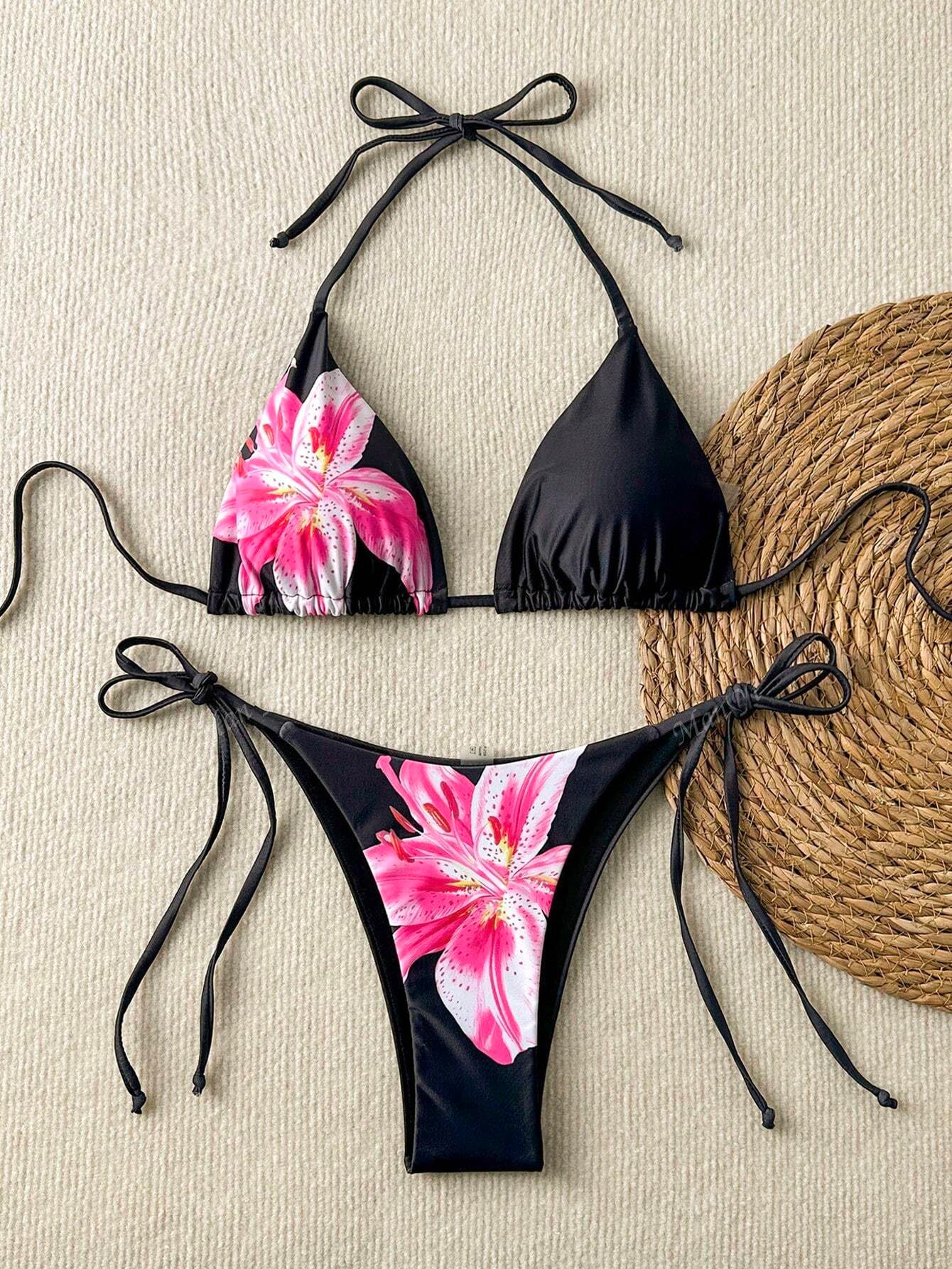 Foto 3 pulgar | Bikini Zaful Triangle Para Mujer Halter De 2 Piezas Con Flores Negras - Venta Internacional.