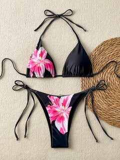 Foto 2 | Bikini Zaful Triangle Para Mujer Halter De 2 Piezas Con Flores Negras - Venta Internacional.