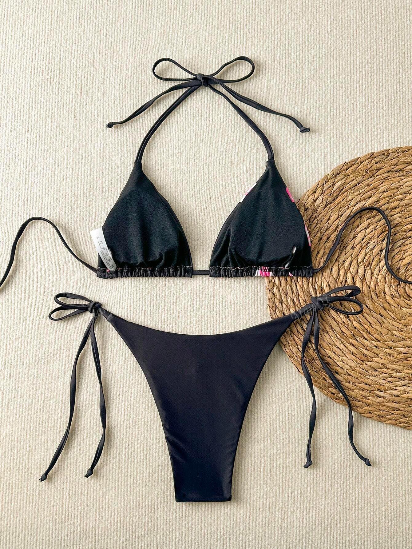 Foto 3 | Bikini Zaful Triangle Para Mujer Halter De 2 Piezas Con Flores Negras - Venta Internacional.
