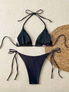 Foto 3 | Bikini Zaful Triangle Para Mujer Halter De 2 Piezas Con Flores Negras - Venta Internacional.