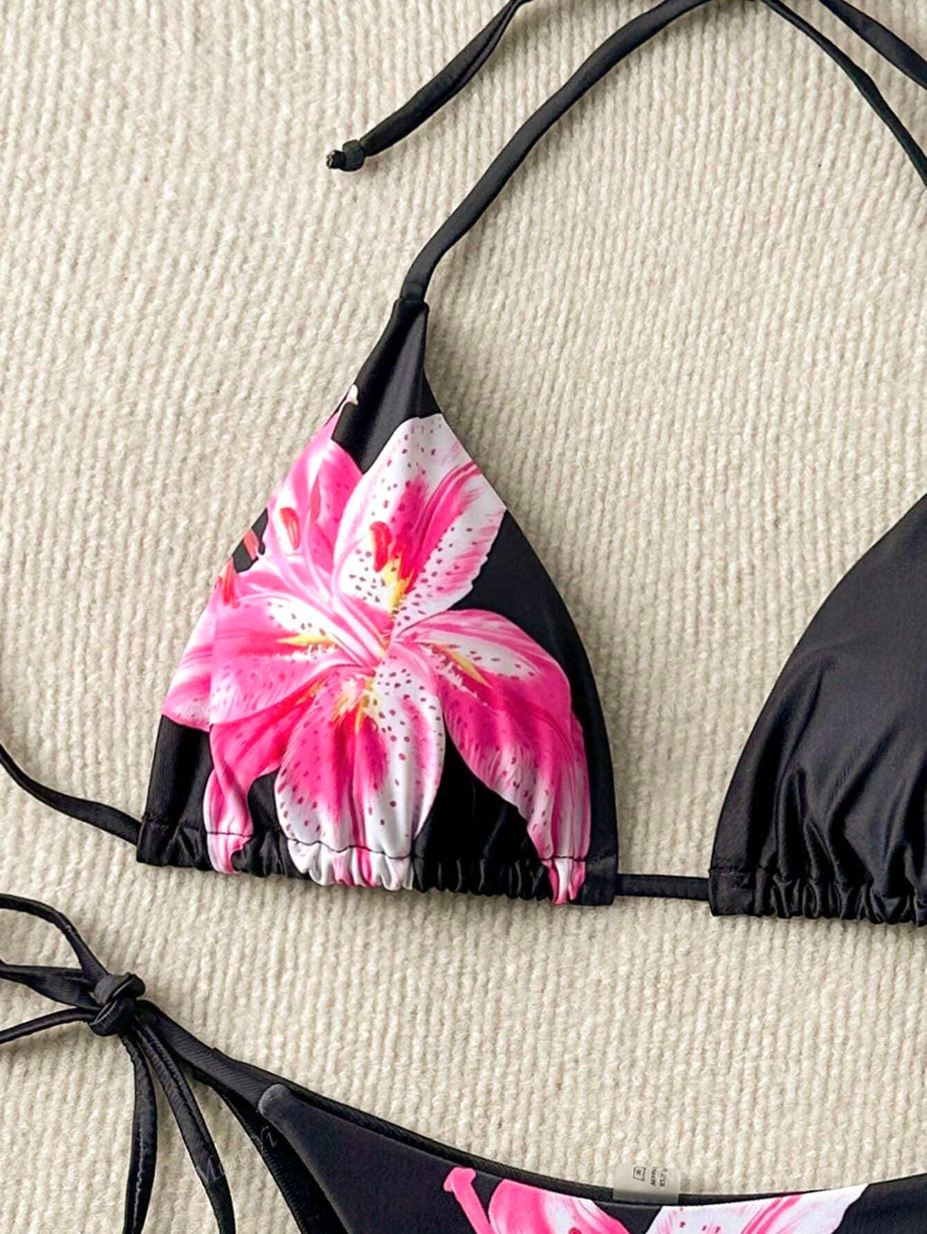 Foto 4 | Bikini Zaful Triangle Para Mujer Halter De 2 Piezas Con Flores Negras - Venta Internacional.