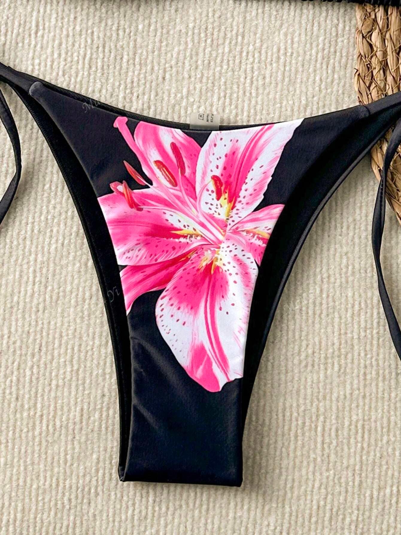 Foto 5 | Bikini Zaful Triangle Para Mujer Halter De 2 Piezas Con Flores Negras - Venta Internacional.