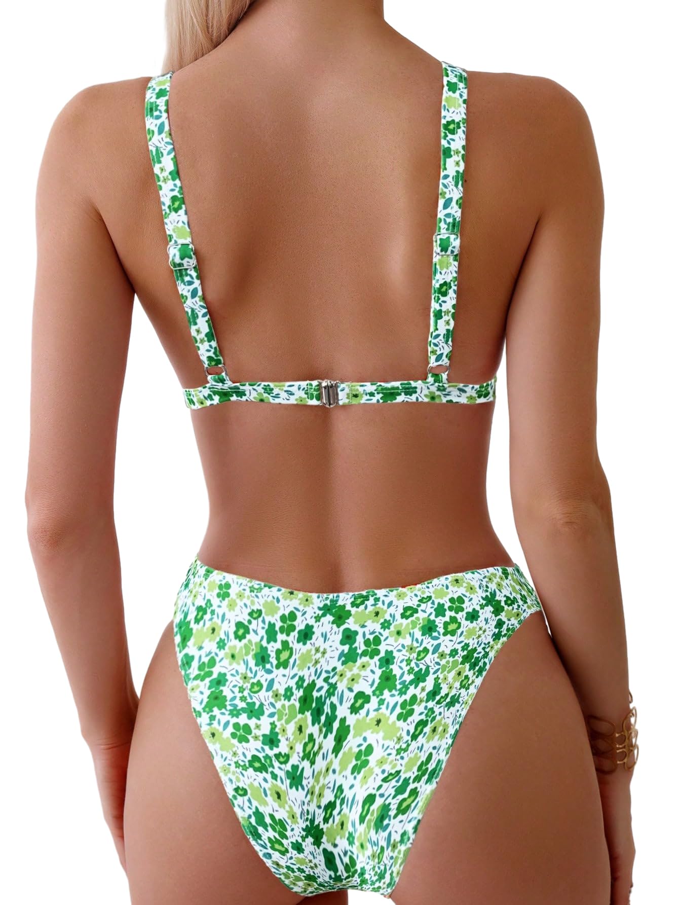 Foto 4 pulgar | Conjunto de Bikini Zaful Verde con Estampado Floral Cintura Alta para Mujer - Venta Internacional