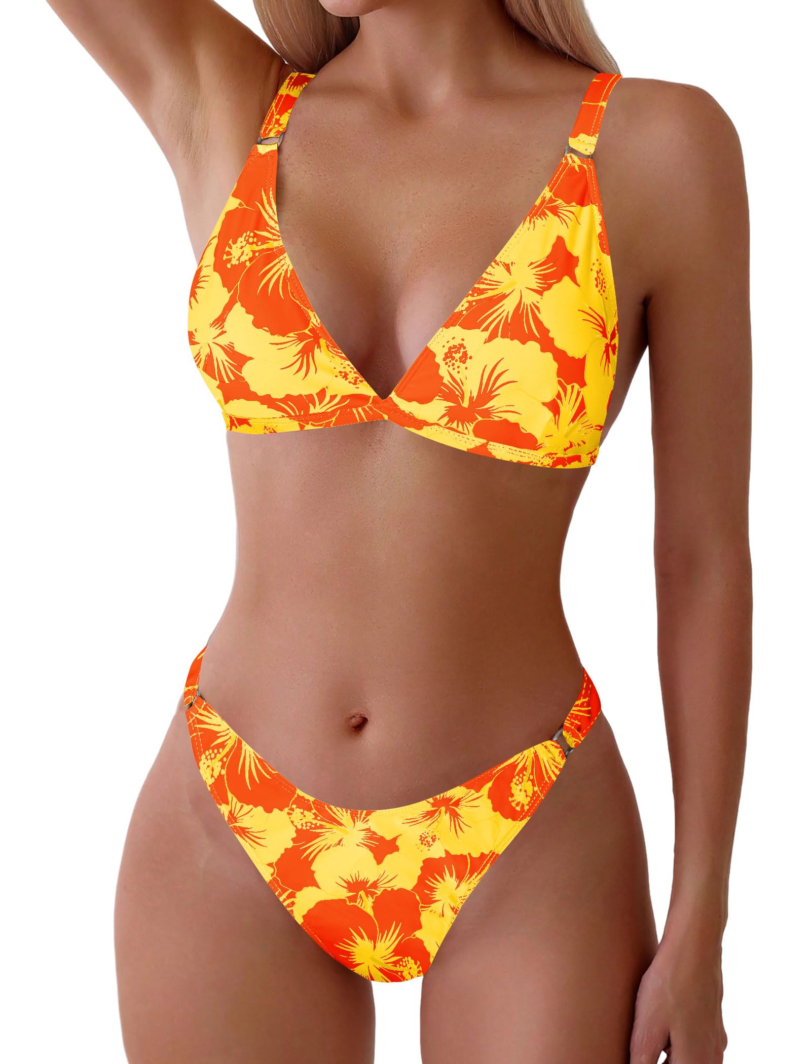 Foto 2 pulgar | Conjunto De Bikini Zaful Mujer Estampado Floral Talle Alto M Naranja - Venta Internacional.